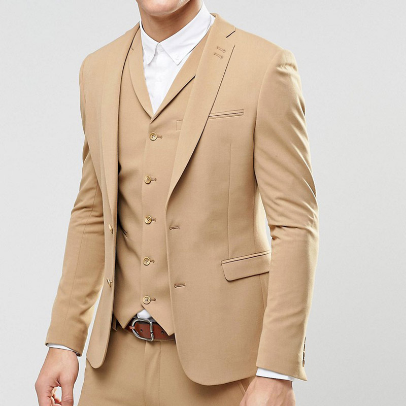 Three Piece Champagne Evening Party Men Suits 2018 Latest Trim Style Blazer Two Button Wedding Groom Tuxedos Jacket Pants Vest