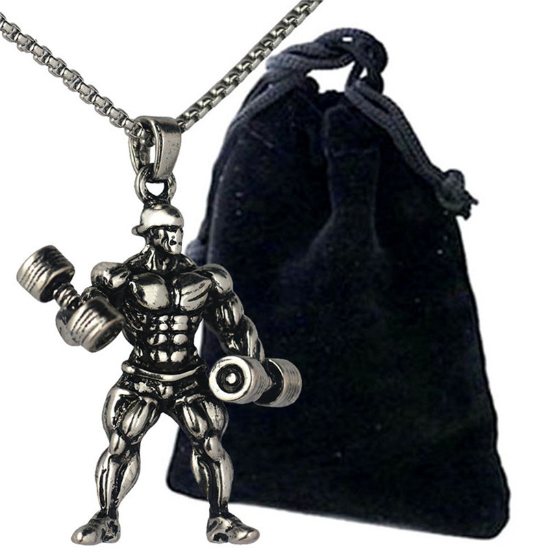 

Dumbbell Pendant Necklace Men Stainless Steel Chain Fitness Muscle Men Necklace Europe and America Fashion New Wholesale