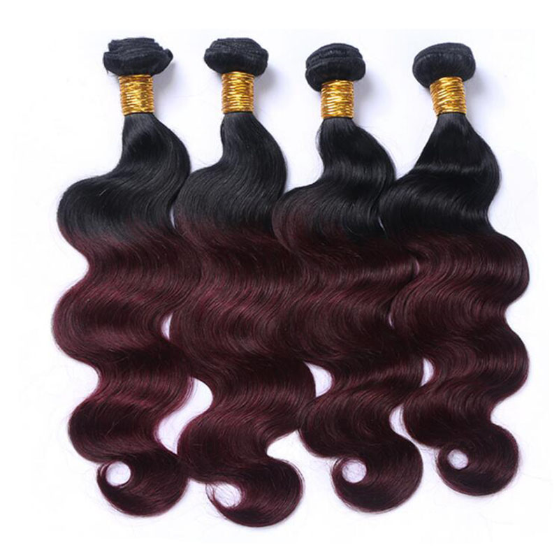 

1B/99J Dark Wine Ombre Hair 4 Bundles Body Wave Brazilian Ombre Colored Human Hair Weave 4 Bundles Hair Extension 12-26 Inch, Ombre color