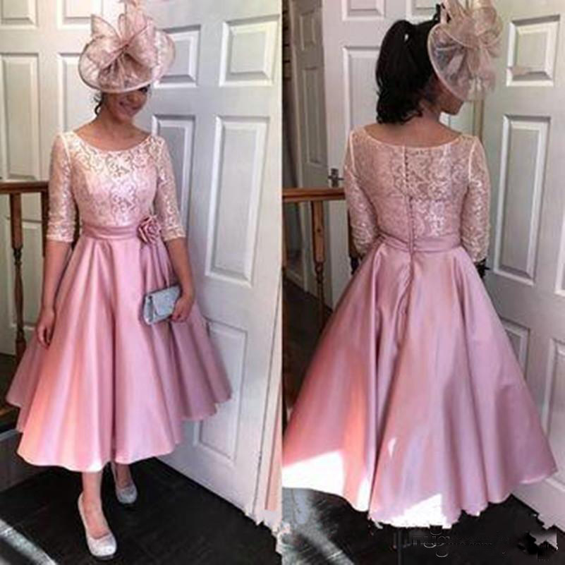 Pink Tea Length Mother Of The Bride Dresses With Short A Line Half Sleeve Lace Satin Plus Size Formal Wedding Guest Evening Gowns