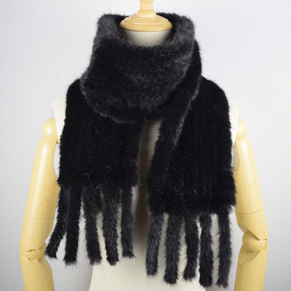 

Hand Knitted Mink Hair Scarf Genuine Mink Hair Neck Warmer for Women Fashion Real Fur Scarf with Fringes, Blue;gray