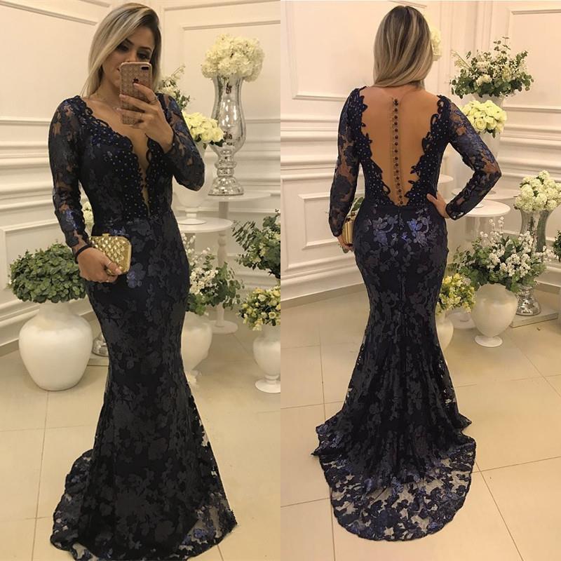 

Glamorous Dark Navy Lace Mermaid Prom Party Dresses Scoop Sweep Train Long Sleeves Sheer Back Evening Mother Gowns, Daffodil