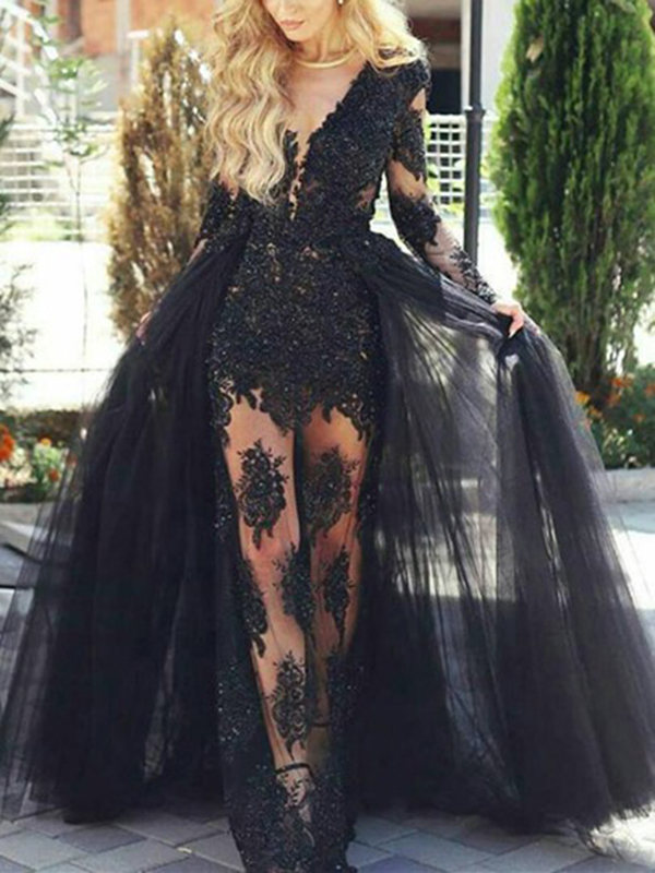 

Sexy Illusion Black Dress Appliques Lace Long Sleeves Sheath Prom Dresses Sheer Neck Detachable Sweep Train Evening Wear Dress Red Carpet Gowns, Blue