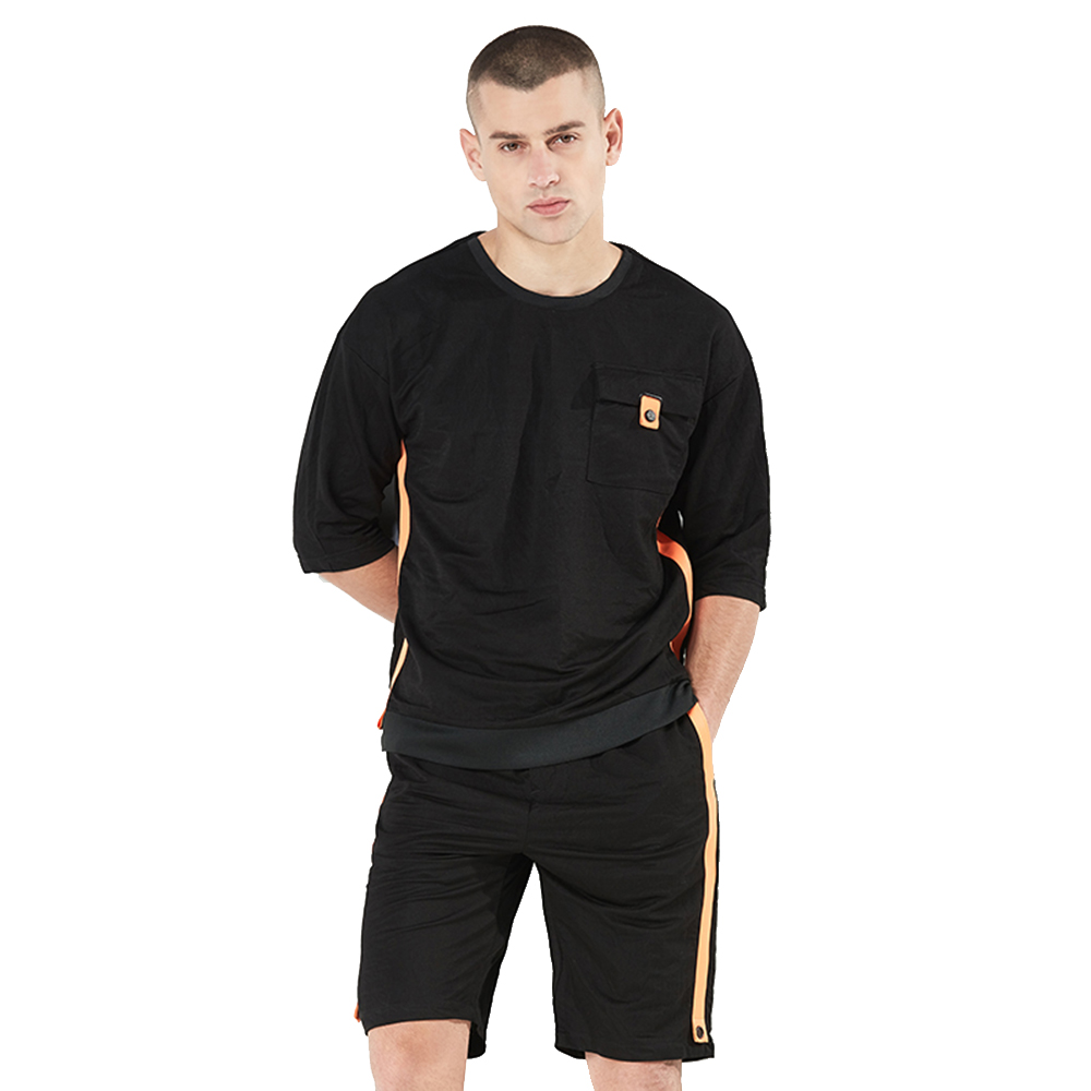 

FUMUD 2018 Summer New Arrival European and American Hip hop Street Short Sleeve Set Men's Striped Fashion Brand Sportswear Suit, Black