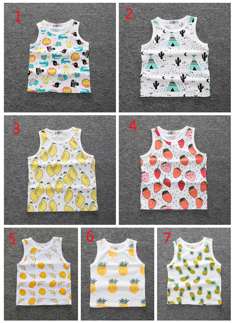 

New Ins Hot Baby Girl And Boy Cactus Tops Girl Sleeveless Vest T-shirt Infant Baby Girl Pure Cotton Fruit Children T Shirts Free Shipping, As photo