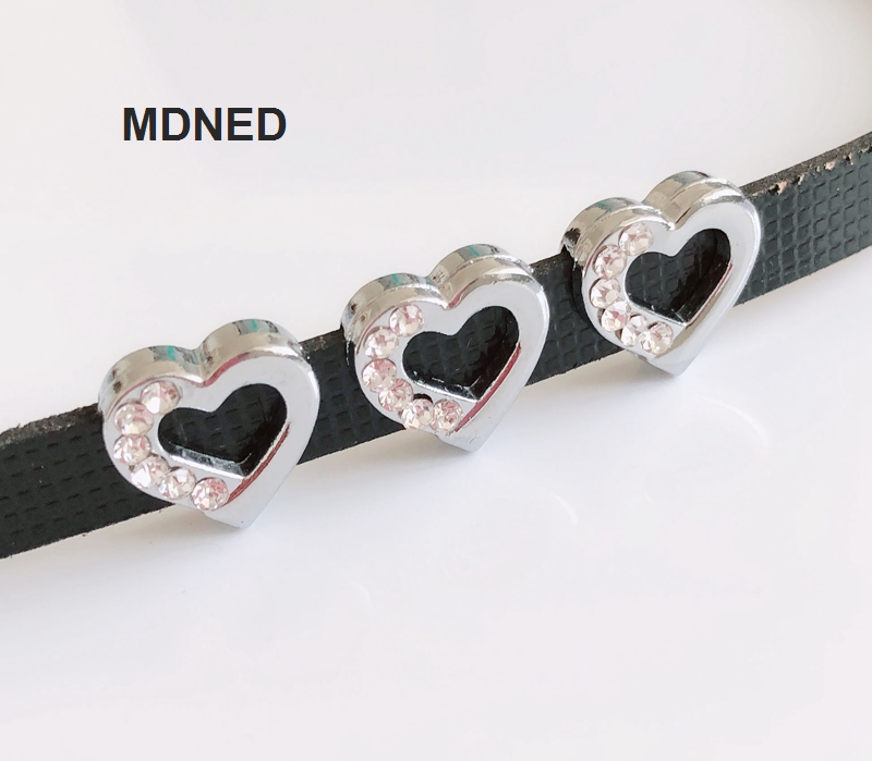

20pcs DIY accessory 8mm Inner Dia. Half Rhinestone Heart Slide Charm Bead DIY 8MM Dog Cat Collar Wristband, Bronze;silver