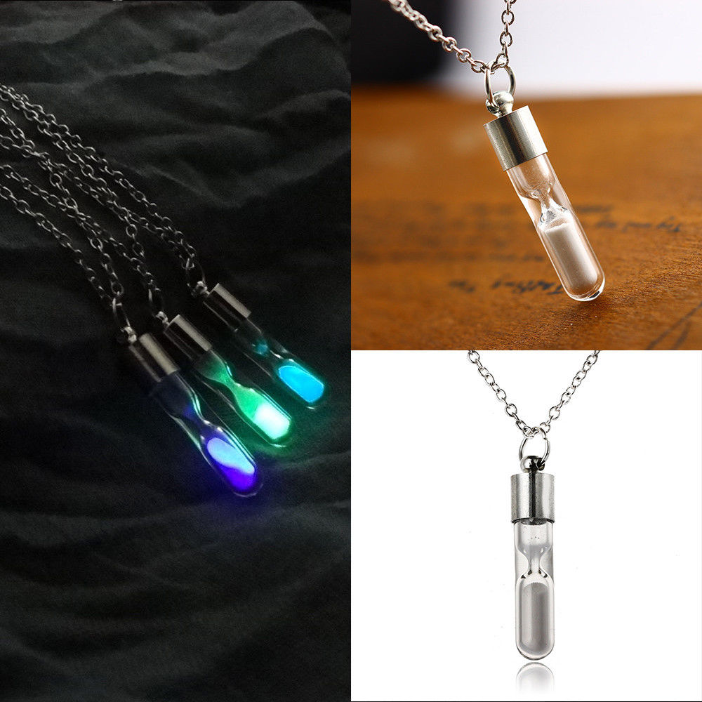 2017 Nouveau Mode Femmes Hommes Rougeoyant Lumineux Sable Minuteur En Verre Pendentif Sablier Bouteille Collier