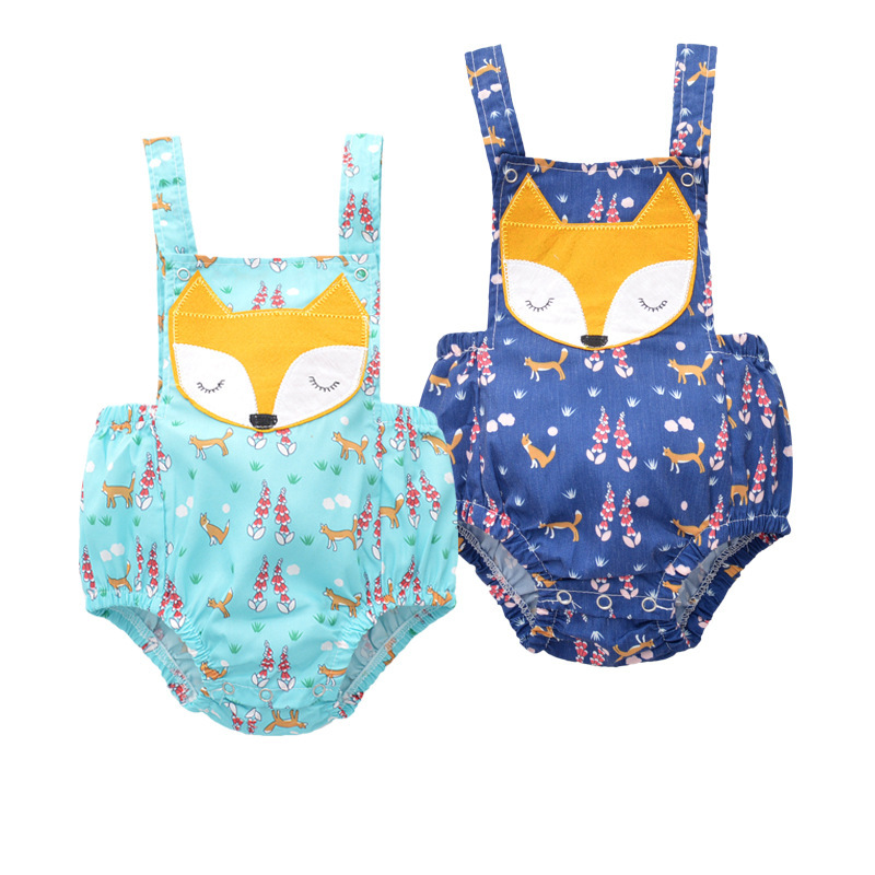 

2 colors Newborn Girls Boys Fox Romper Infant Sleeveless Jumpsuit Summer Baby embroidery fox jumpsuits Clothes Outfits, Blue