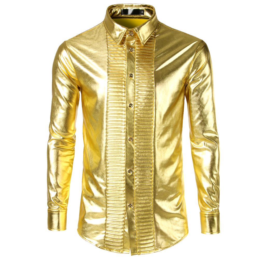 

Shiny Gold Metallic Shirt Men 2018 Fashion Nightclub Stage Mens Dress Shirts Casual Slim Fit Long Sleeve Chemise Homme, Silver