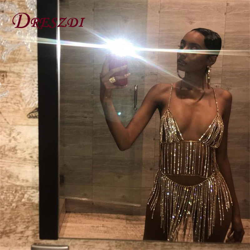 

Luxury Night Club Sets Sexy Metal Crystal Diamonds Chain Women Tassel Sequins Dress Two pieces Set 2018 Beach Party Overalls, Gold