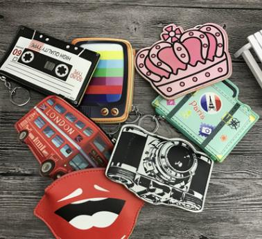 

Cartoon bus camera change purse keychains crown tv record pu leather mini wallets lip luggage cases coin purse party birthday gifts