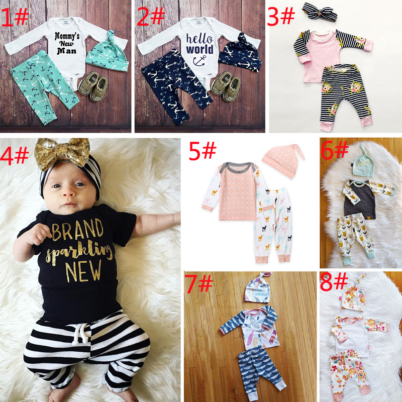 

Baby Sets Boy Girl INS Letters Stripe Suits Kids Toddler Infant Casual T-shirt +trousers+hat(headband) 3pcs sets pajamas clothes, 1lot=1set =t shirt+ pants+ hat(headband)