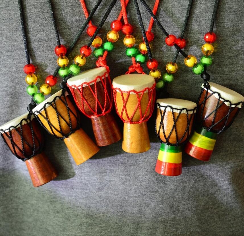 

Special Africa Drum Pendant Africa Tambourine Necklace Ornaments Characteristic Gift Solid Wood Make Sheepskin Sew Designer Necklace