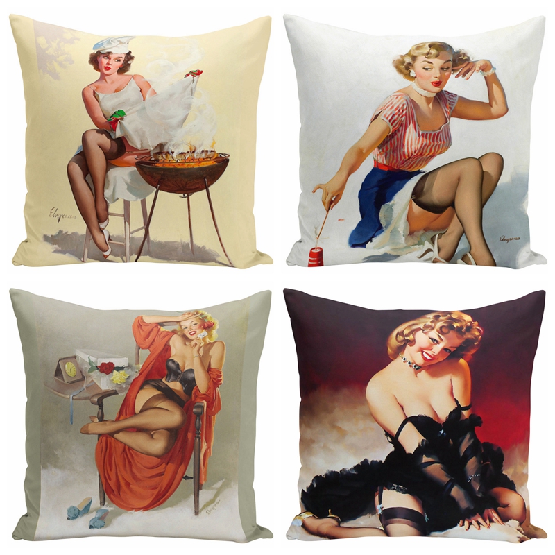 

Sexy Lady Pinup Girl Poster Print Cushion Cover Modern Home Decorative Lint Pillow case Vintage Car Pillowslip Set of 4