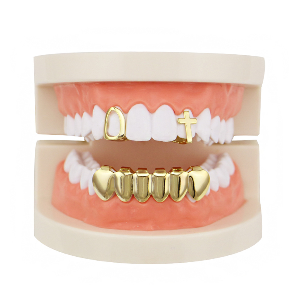 

Factory Bottom Price Gold Color Teeth Grillz Set Mixed Design Fake Tooth Grillz Hiphop Cool Men Body Jewelry US Rap Mouth Caps