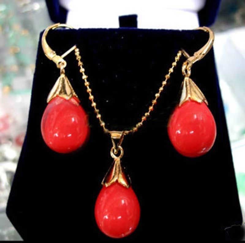 

18K Gold Plated Red Sea Shell Pearl Necklace Earrings Jewelry Set<<<free shipping