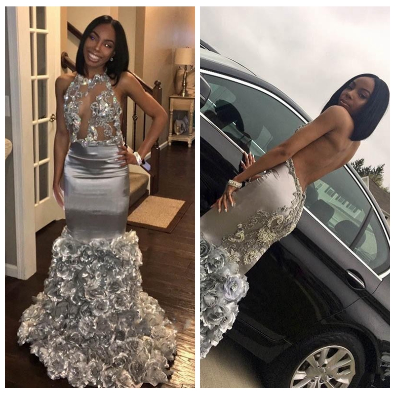 

Custom Slim Silver 2018 Halter Backless Prom Dresses Mermaid Sexy With 3d Flowers Adorned Ladies Long Evening Party Gowns Red Carpet Dress