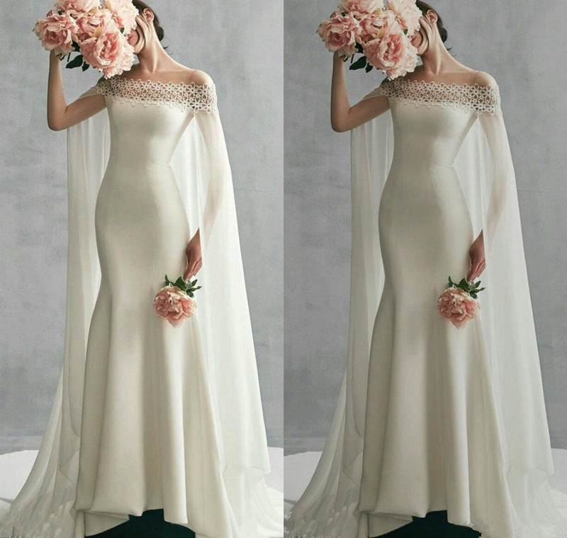 

2019 elegant Satin Mermaid Wedding Dresses With Wrap Off Shoulder Sweep Train Chiffon Simple Beach Wedding Dress Custom Made Bridal Gowns, White