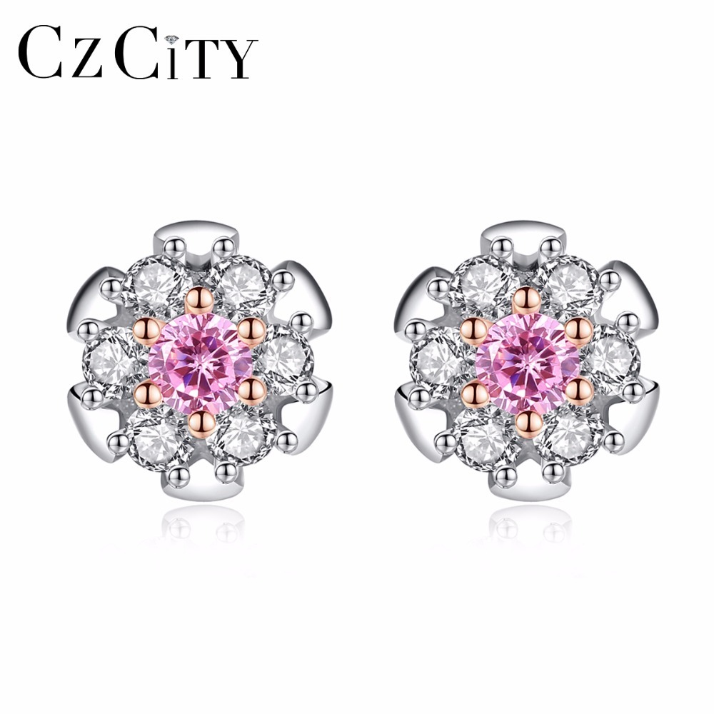 Femme élégant 925 Sterling Silver Rose Zircon Fleurs de Cerisier Clous D/'Oreilles