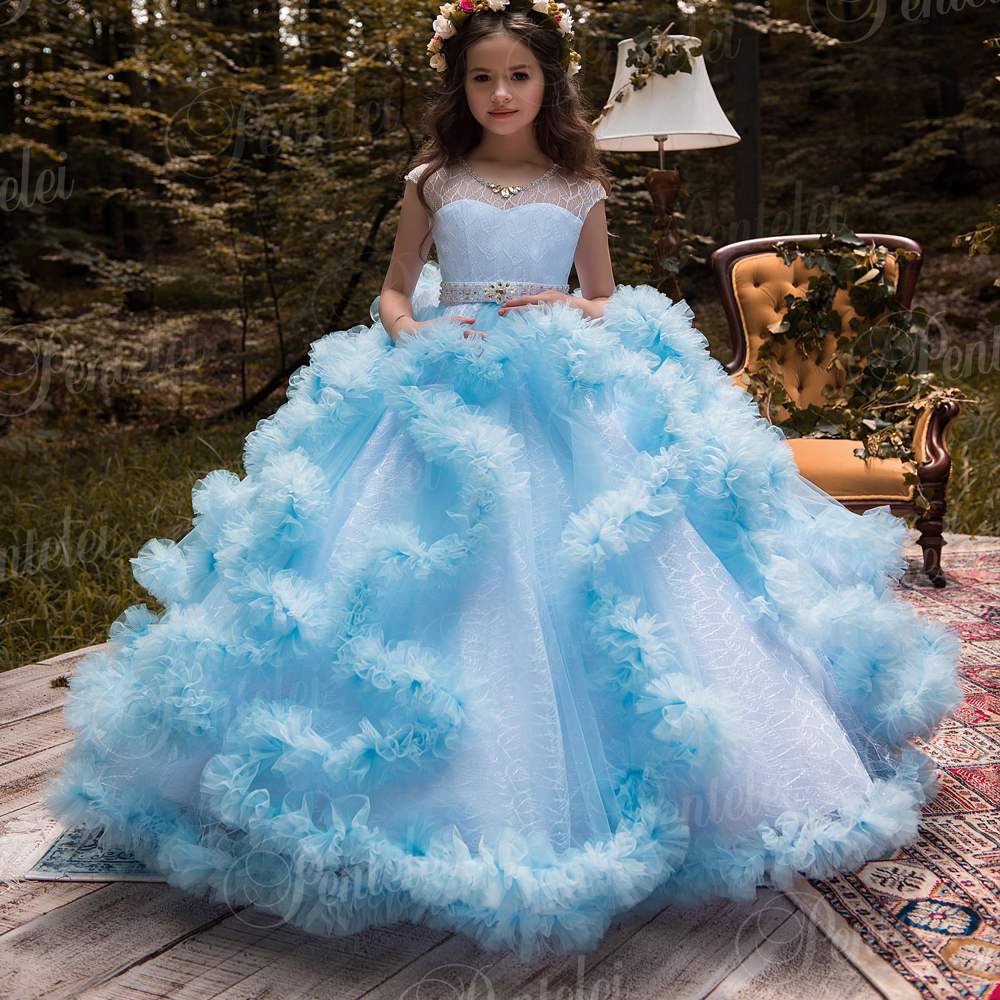 

Cute Ball Gown Flower Girls Dresses For Weddings Ruched Tulle Skirt Floor Length Lace Blue Girls Pageant Dresses Toddler Dresses, Green