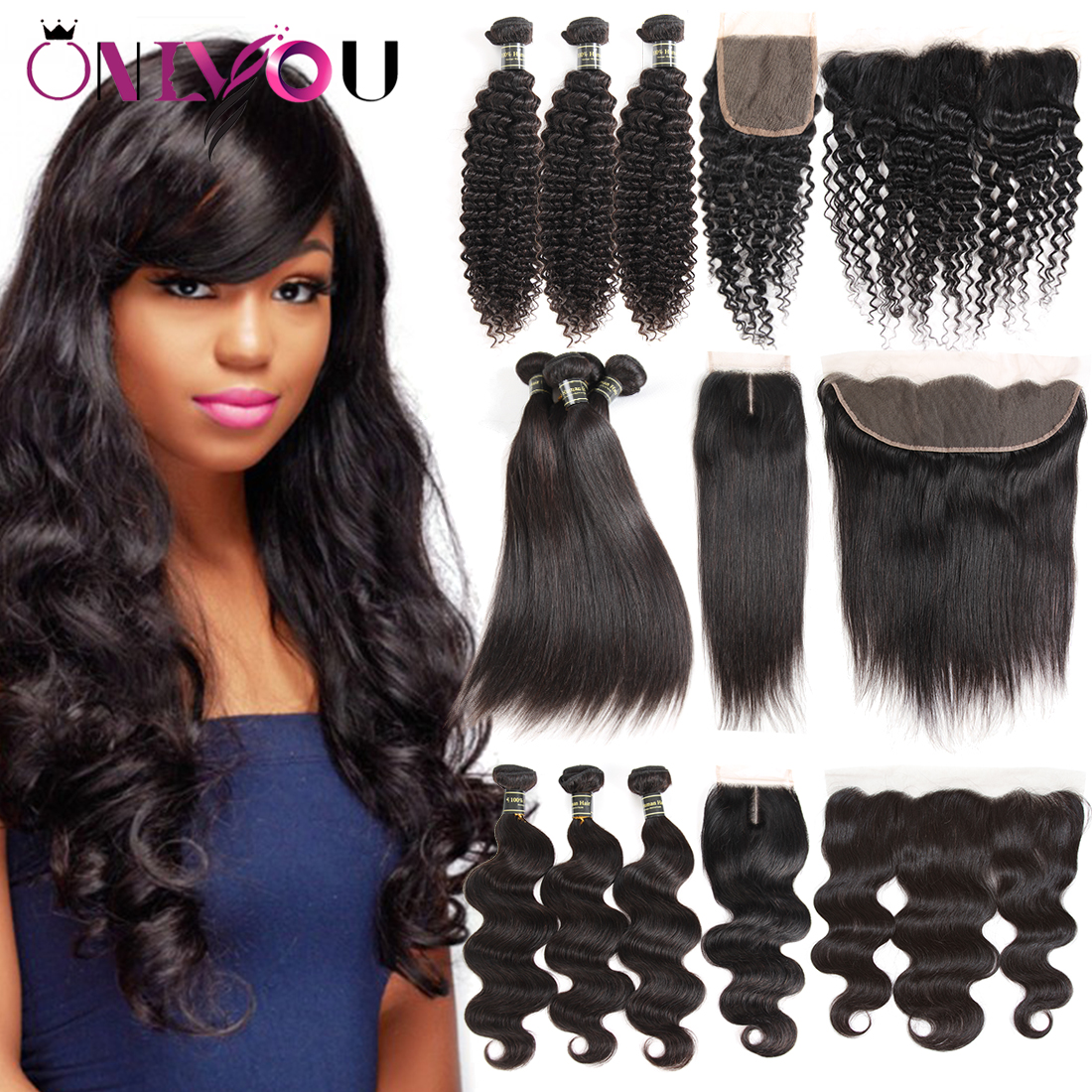 

10a Grade Brazilian Virgin Hair Straight Bundles With Lace Closure Frontal Remy Human Weave Body Deep Water Wave Weft Front Pre Plucked For Black Women Kinky Curly