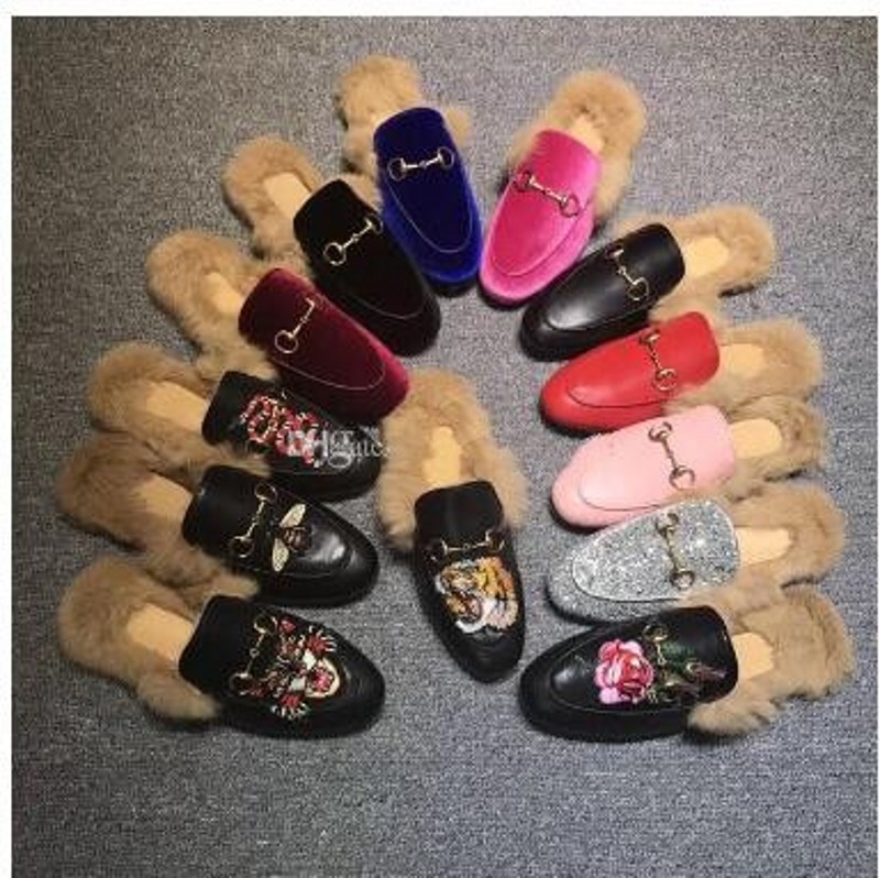 

Designer Cowhide Fur Slipper Muller Shoes with original box Horsebit Print Ladies Loafers Princetown Woman Half Slippers