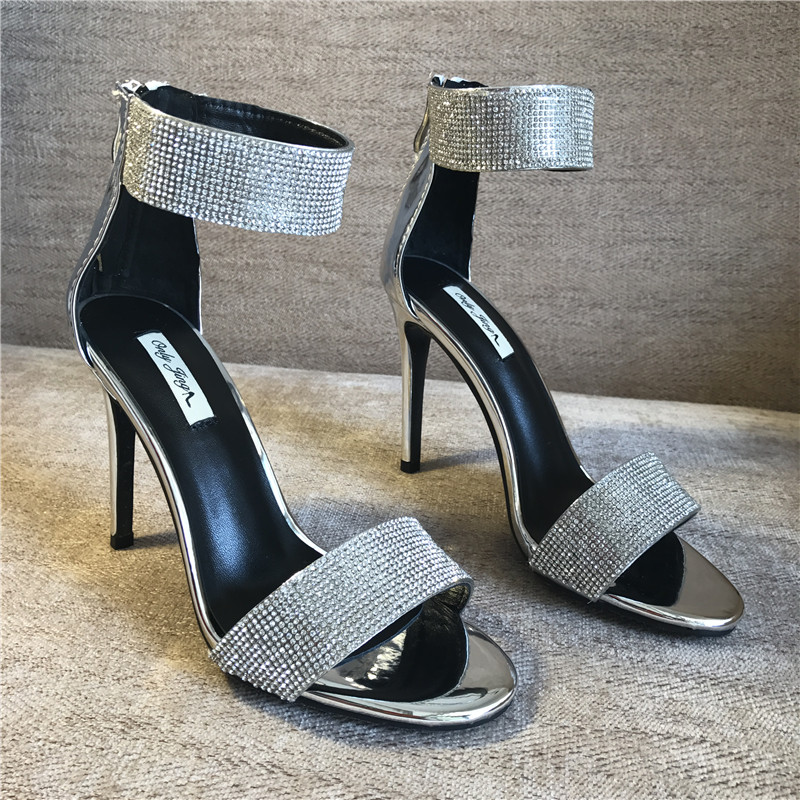 

Free shipping real photo luxura genuine leather fashion Women silver patent leather crystal strappy high heels ankle sandals shoes 10cm