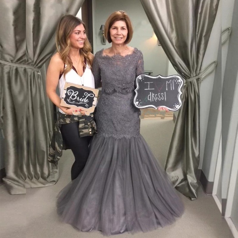 

Sexy Grey Mermaid Lace Mother of the Bride Plus size Dress With Illusion Half Sleeves Lace Tulle Cheap Prom Evening Formal Dress Gowns