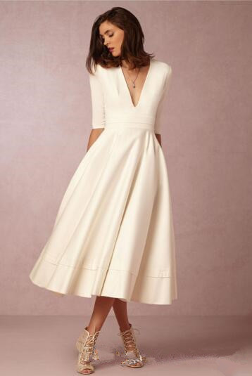 Champagne Robes De Mariée En Satin 2019 Vente Chaude Nouvelle Personnalisée A-Line Sexy Profonde Col En V Thé Longueur Manche Manches Vintage Rob