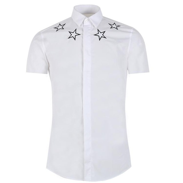 

2018 Men Casual Shirt Slim Fit Pentagra Embroidery Shirt High Quality Camisa Masculina Chemise Homme Short Sleeve Shirt 3XL, White;black