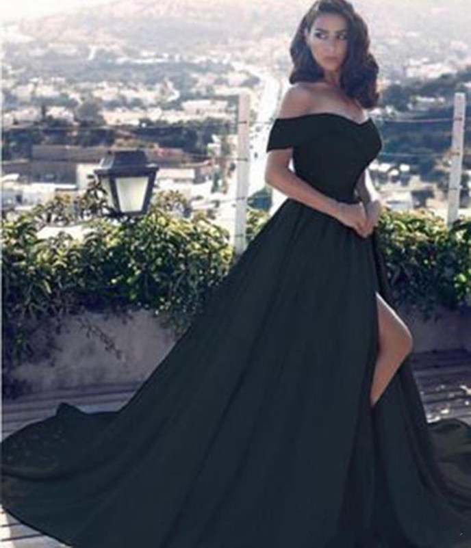 

Sexy Black A Line Split Evening Dresses Off Shoulder Simple Satin Prom Dress Long Vestido Special Evening Gowns Arabic, Coral