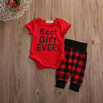 

2017 2PCS Outfit Summer Suit Newborn Baby Boy Girl Clothes Set Best Gift Ever Short Sleeve Cotton Romper Red Plaid Pant, As pic