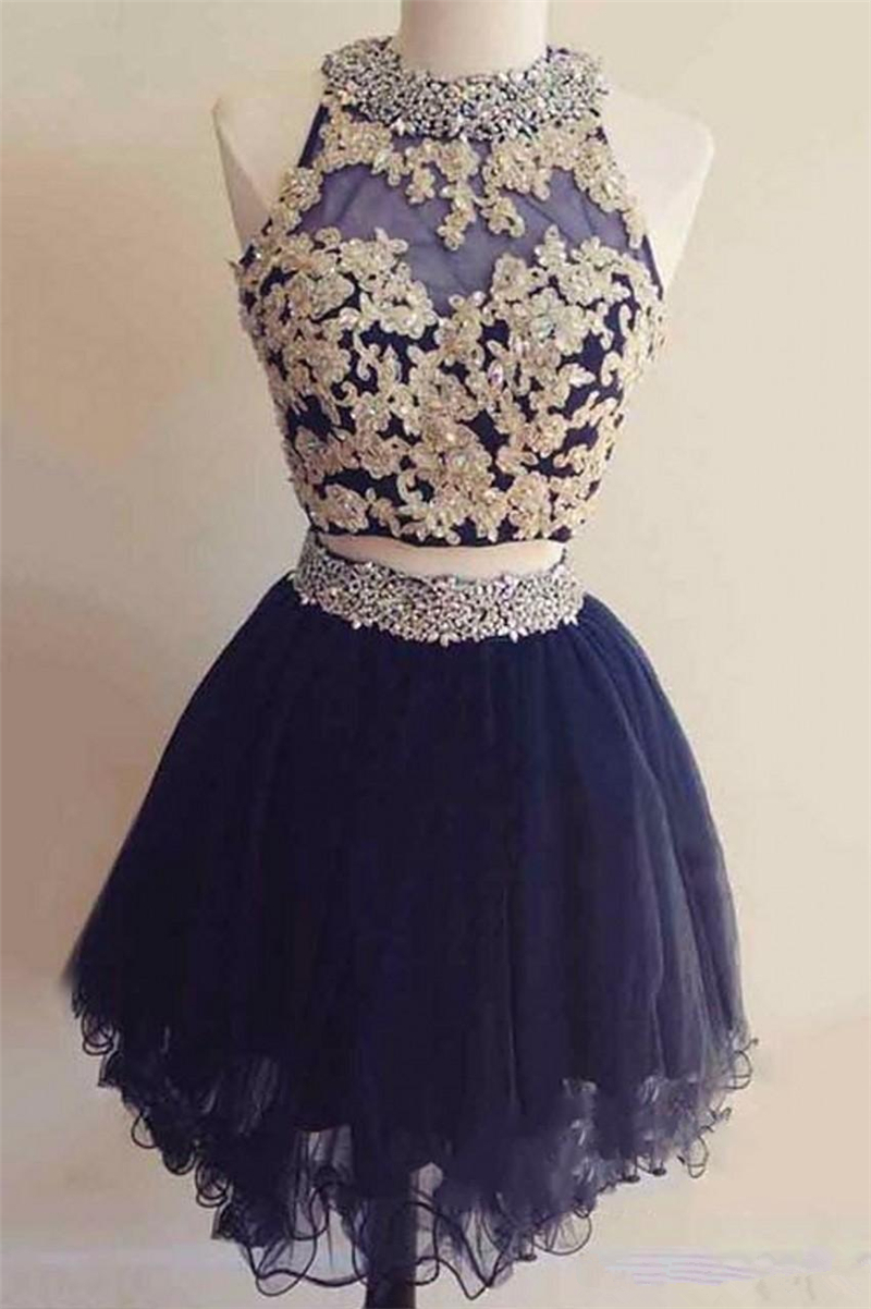 

Latest Short Two Pieces Homecoming Dresses 2019 Beaded Crystal Appliques A-Line Prom Cocktail Graduation Gown QC1238, Red