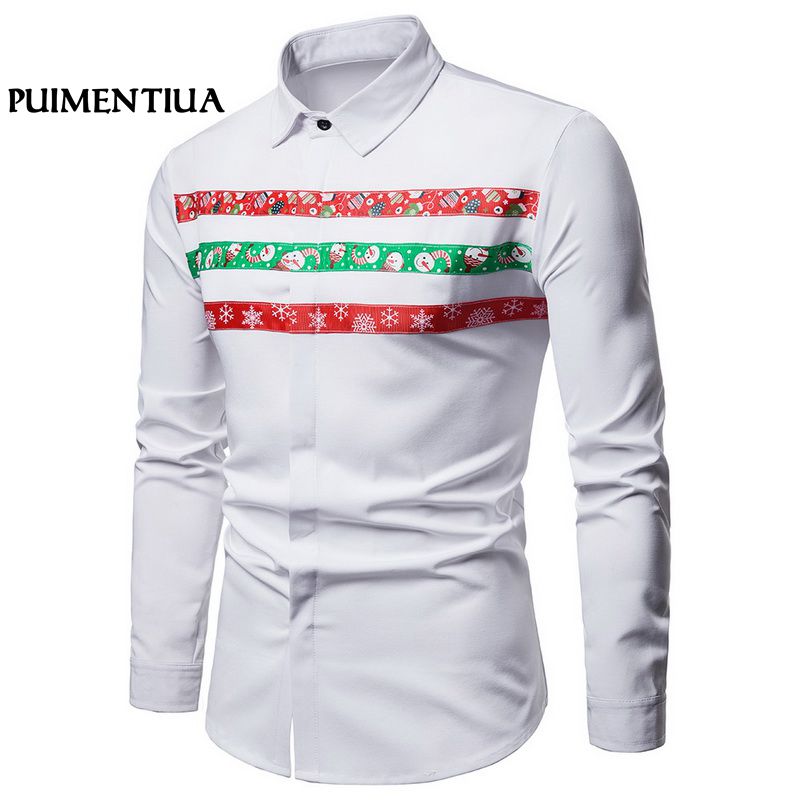 

Puimentiua Turn-down Collar Long Sleeve Christmas Men Shirt Casual Snowflake Printed Shirt Fit Male Cotton camisa hombre, Black