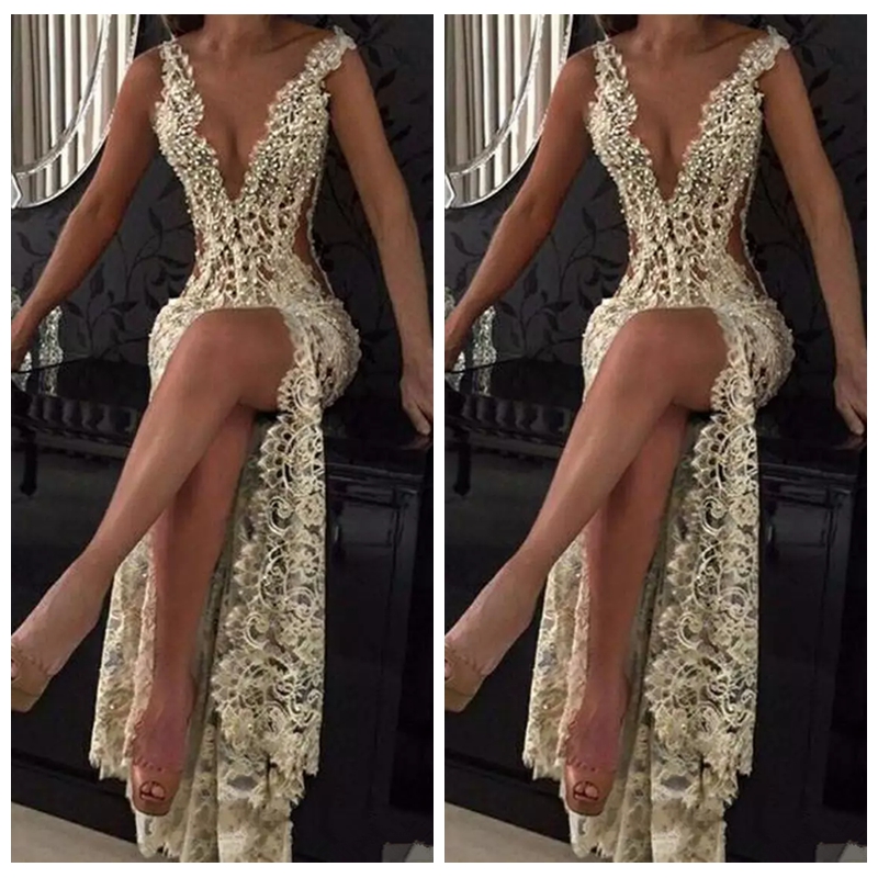

Deep V-Neck Lace Sexy Mermaid Prom Dresses 2021 Pearls Beads Slim High Side Split Party Formal Party Gowns Custom Online Vestidos De Soiree, Sage