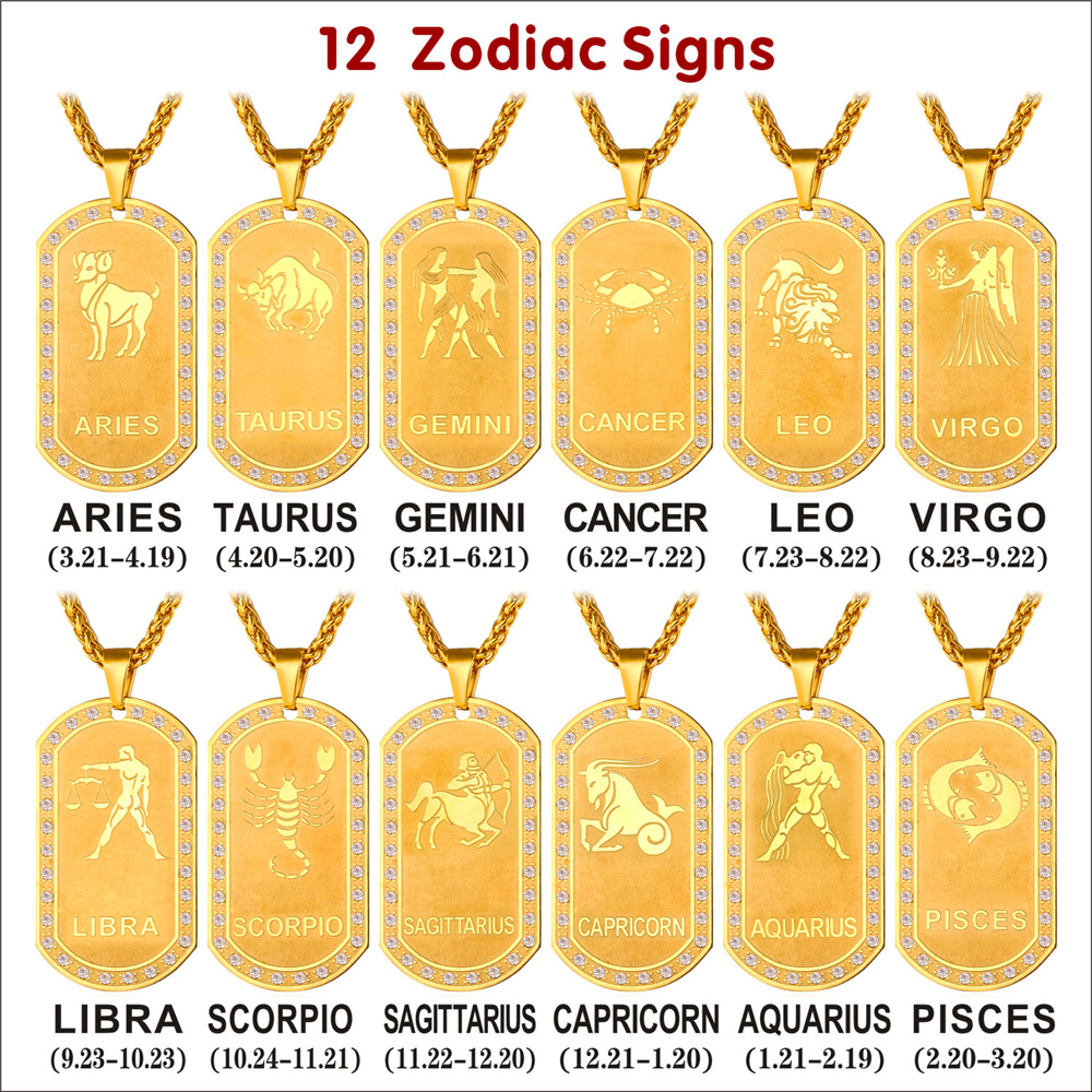 

U7 Zodiac Signs Necklace For Men /Women Best Friend Dog Tags Birthday Gift Gold Color Stainless Steel Cancer Constellations P693
