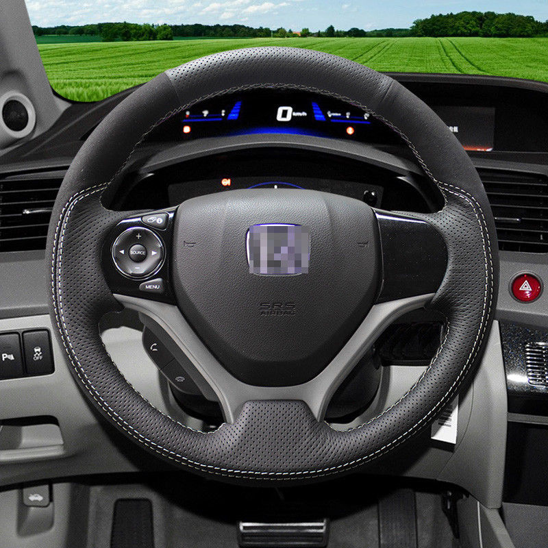 For Honda Civic 9th Hand Sewing steering wheel Cover Black Suede/Balck leather-image-430073582