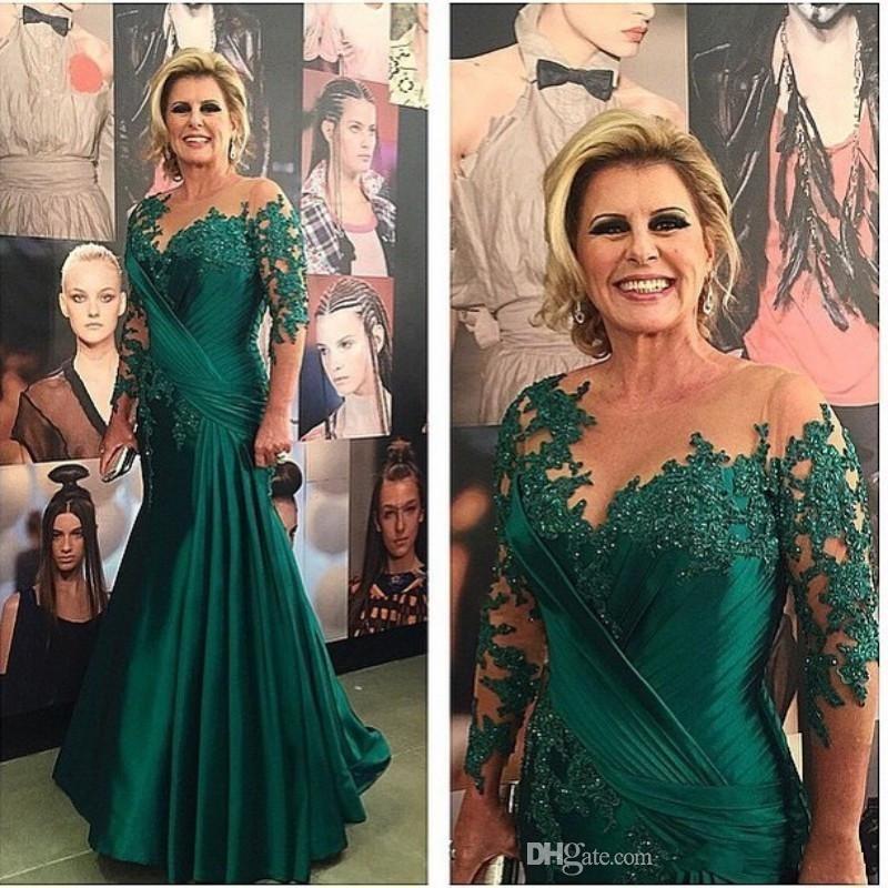 Plus Size Mother of the Bride Dresses Vestido De Madrinha 2018 New Green Satin Mermaid Evening Dress Long Sleeve Prom Dresses