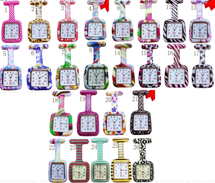 

Wholesale 50pcs/lot 26colors Square Colorful Prints Silicone Nurse watch Pocket Watches Doctor Fob Quartz Watch Kids Gift Watches NW013, 26 colors