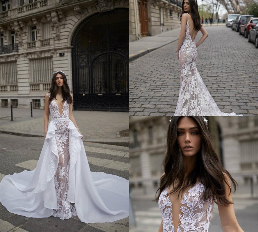 

2018 Mermaid Wedding Dresses With Detachable Skirt Tulle Appliqued Deep V Neck Beach Bridal Gowns Backless Illusion Sexy Boho Wedding Dress, Black & white