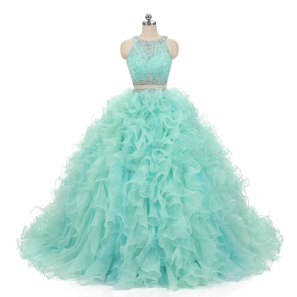 

Mint Green Quinceanera Dress Two Pieces Short Prom Dresses With detachable Train Lace Vestido de Festa Ball Gowns