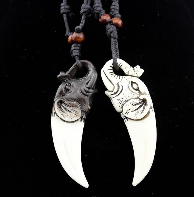 

Punk wind! Fashion men wolf Tooth shape of retro Elephant Pendant Necklace Wood Bead Pendant Necklace, Silver