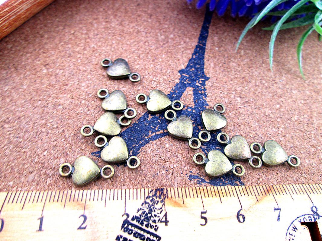 75 pièces 15*8MM pendentifs à breloques en bronze Antique à deux trous en forme de cœur