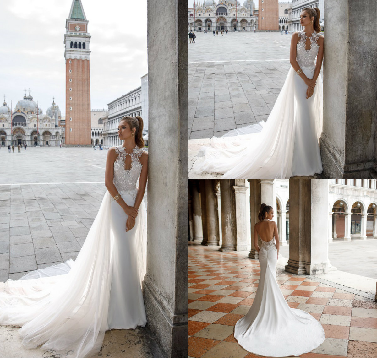 

Julie Vino Mermaid Wedding Dresses With Detachable Skirt V Neck Lace Appliqued Sweep Train Boho Wedding Gowns Custom Made Bridal Dress, Silver