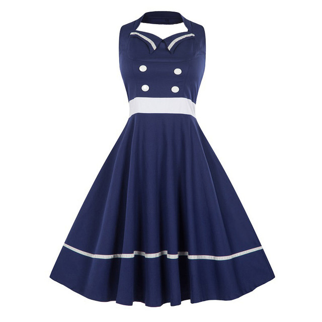 

Plus Size 3XL Women sleeveless dress Summer Button Retro vestidos pin up rockabilly vintage elegante halter black dress
