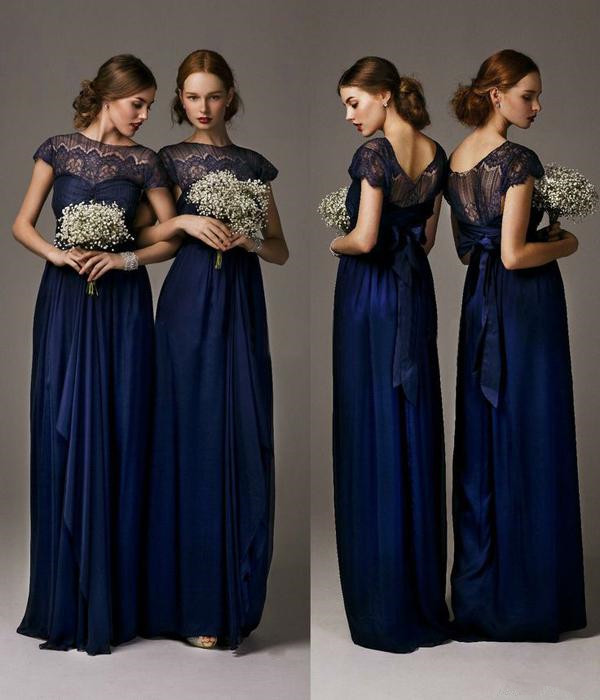 Navy Blue Lace Bridesmaid Dresses 2019 Hot Selling Floor Length Sheath Long Maid Of Honor Gowns Cap Sleeve Chiffon Prom Party Gowns B10