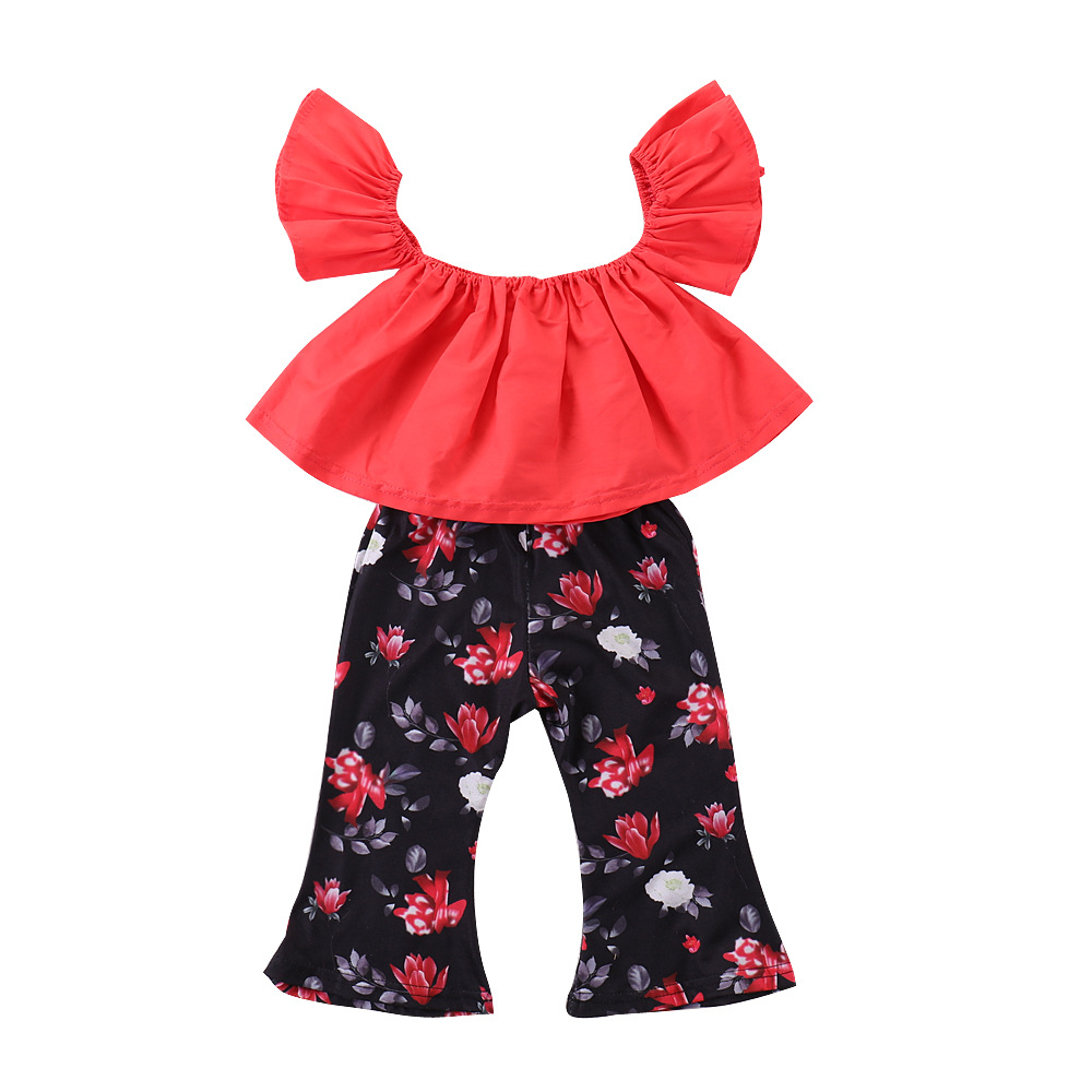 

INS baby girls 2piece set outfits fly sleeve Tops Shirts Vest + baby Flower Floral Pants Flares Girl clothing Set, As pic