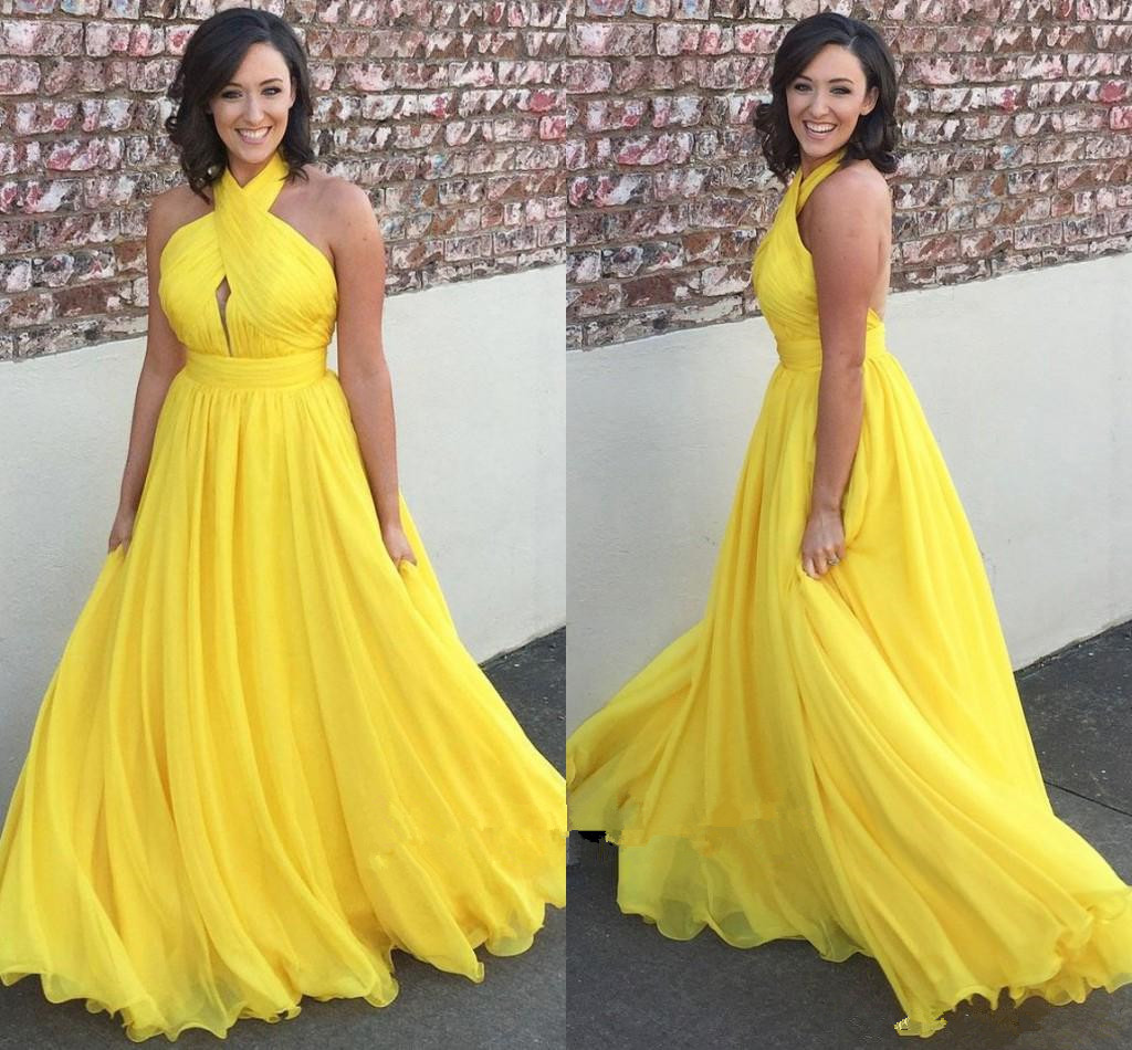 Bright Yellow Chiffon Long Prom Dresses 2019 Halter Keyhole Open Back Sexy Cocktail Party Dresses Evening Gowns
