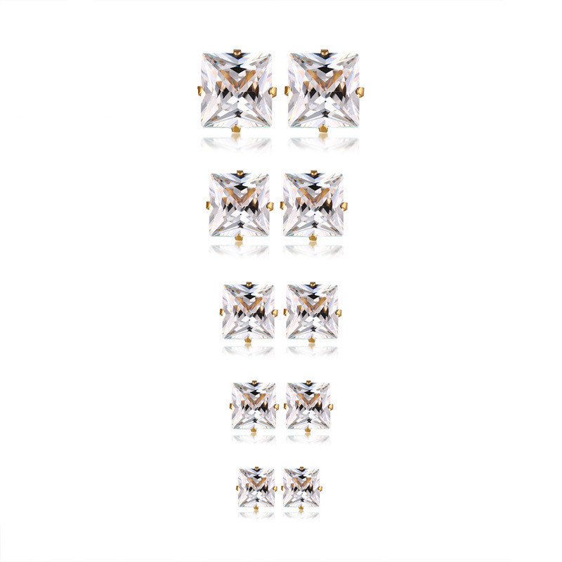 

5 Pairs/ Pack Elegant Women Stud Earrings Stainless Steel Pin With Well Cut Square Round Cubic Zirconia Stone Female Lady Party Jewelry