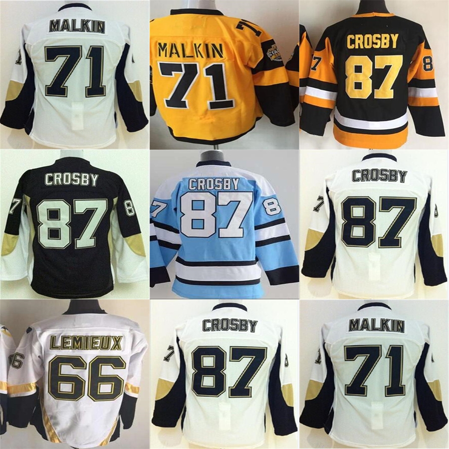 

2017 Stanley Cup Champions Youth Pittsburgh 87 Sidney Crosby 71 Evgeni Malkin 66 Mario Lemieux White Black Blue Yellow Ice Hockey Jerseys, As photo